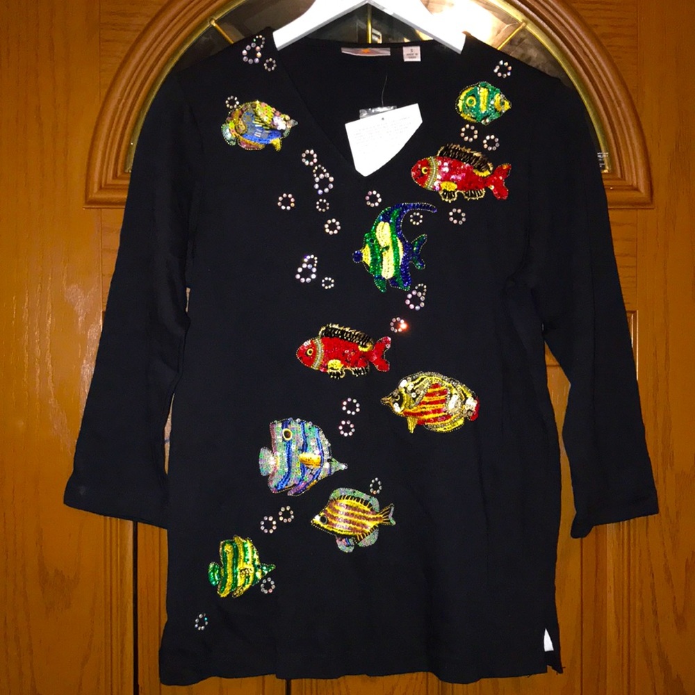 Vintage Quacker Factory Black Hand Beaded Tropical Fish Elbow Sleeve Blouse - Picture 4 of 16